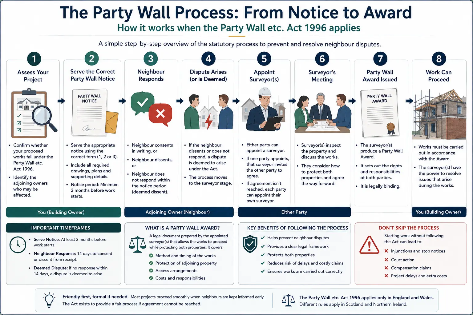 Do I Need a Party Wall Agreement? An infographic showing the party wall process from notice to award in a very interactive way for the citizens living in Amersham, UK