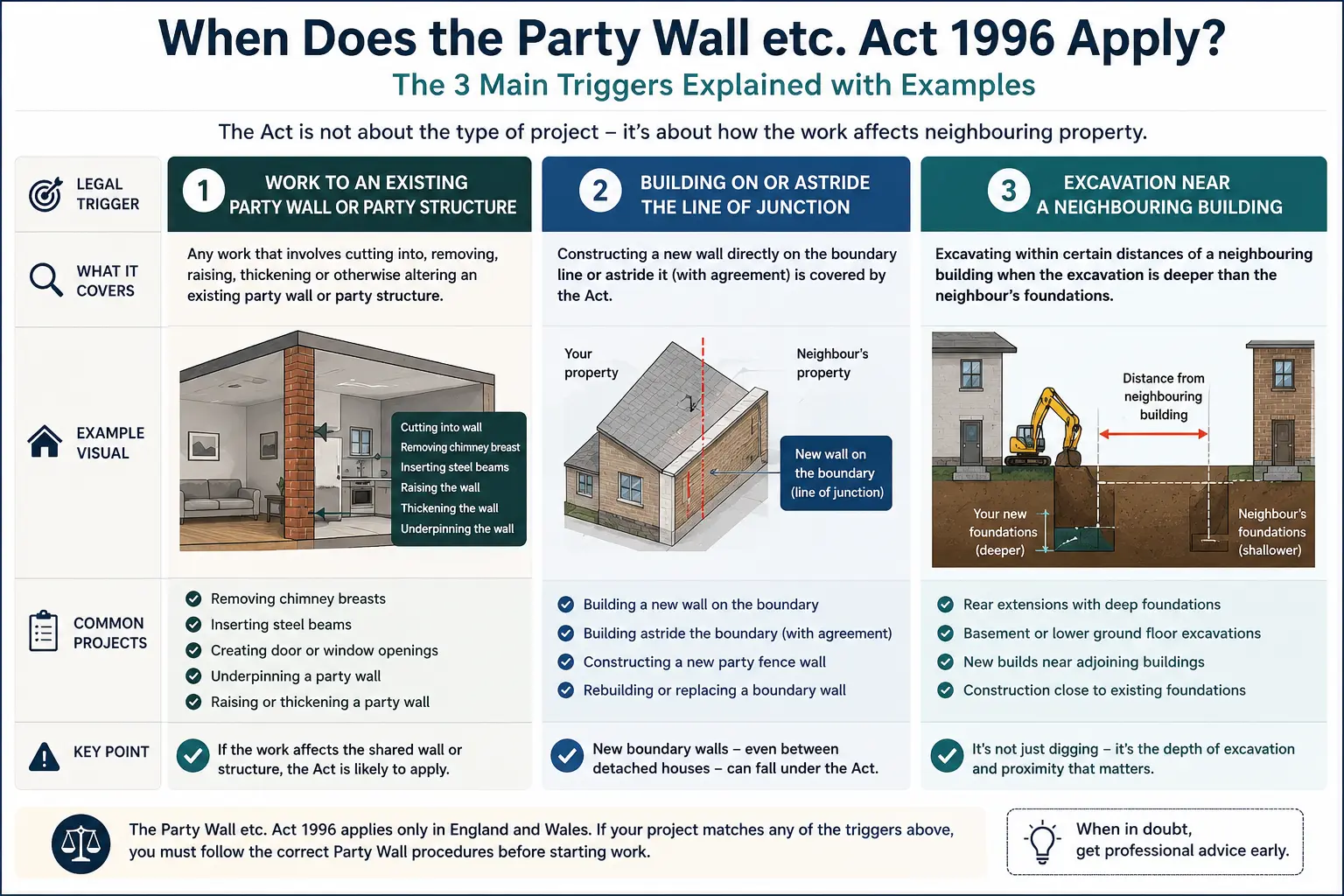 Do I Need a Party Wall Agreement? An infographic showing when does the party wall etc act 1996 apply like excavation, junction, painting, in Amersham, UK